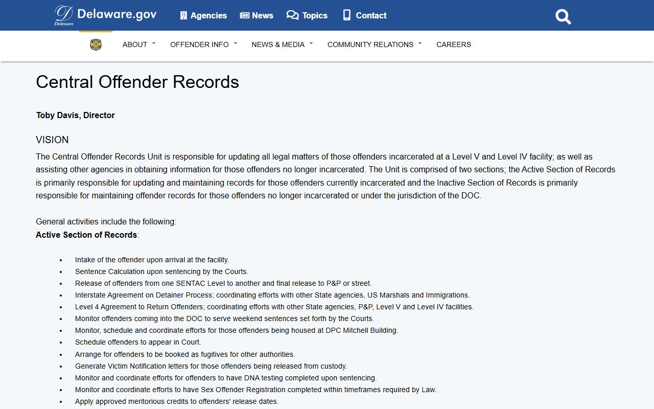 Delaware Central Offender Records Unit for Released Inmates files