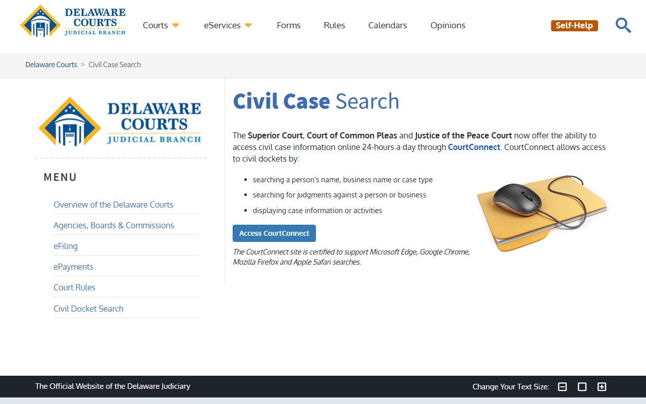 Delaware civil case search tied to Released Inmates court records