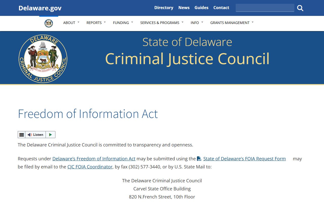 Delaware Criminal Justice Council FOIA process for Released Inmates records