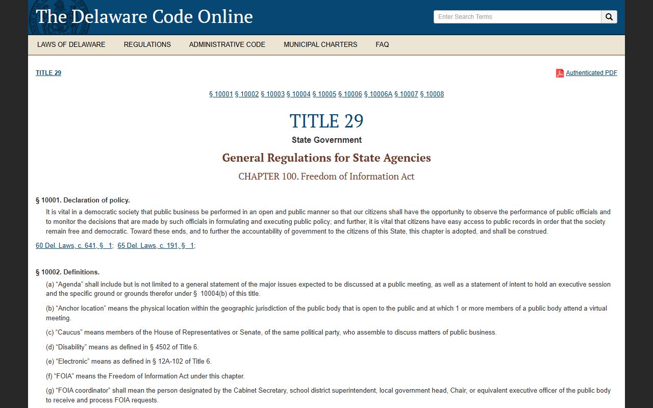 Delaware FOIA statutes used to request Released Inmates records
