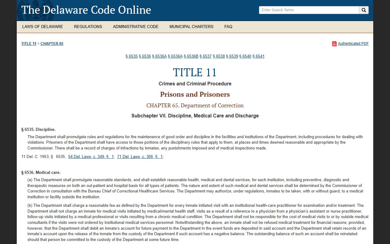Delaware Code Title 11 Chapter 65 governing Released Inmates
