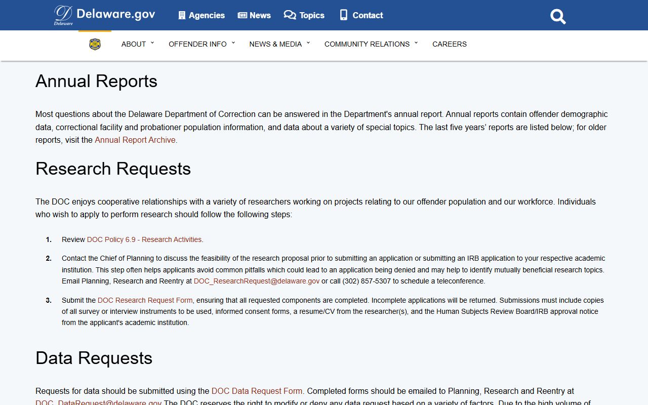 Delaware DOC Research and Statistics page for Released Inmates data