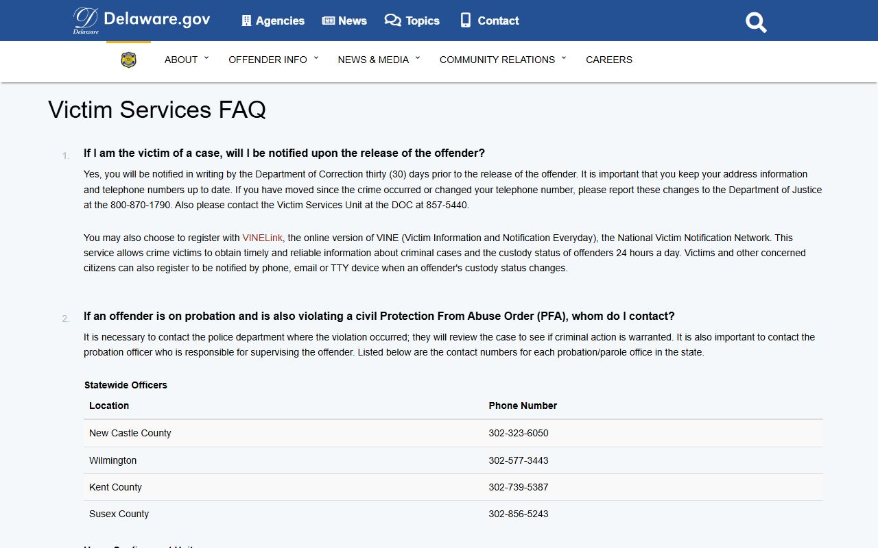 Delaware DOC Victim Services FAQ for Released Inmates notices