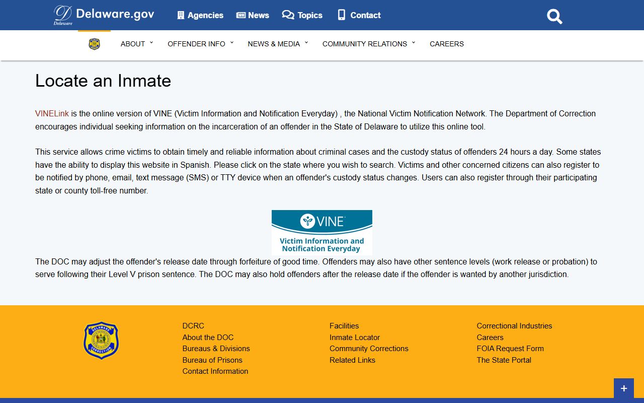 Delaware Released Inmates locator via the DOC VINELink portal
